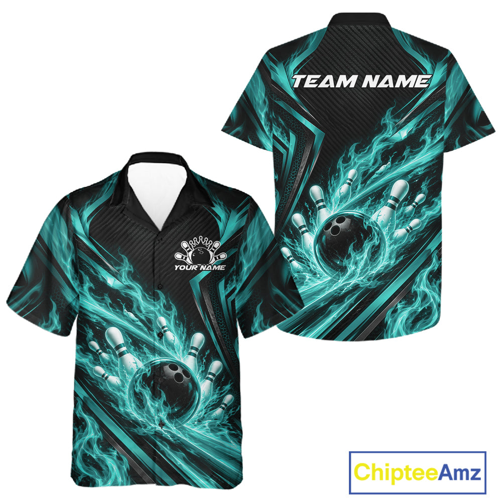 Turquoise Blue Flame Custom Bowling Team Men And Women Button Up Shirt, Matching Bowling Jersey IPHW12296