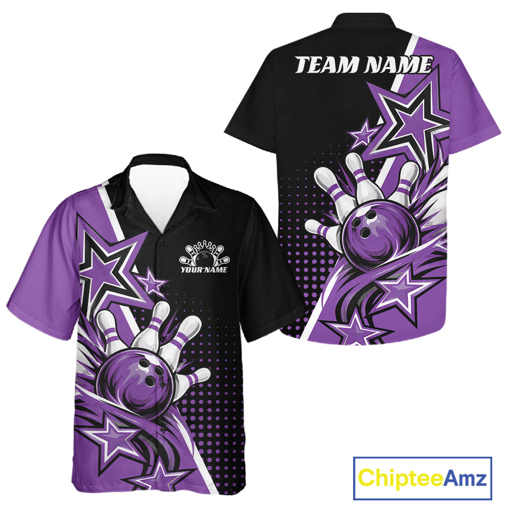 Custom Black And Purple Star Bowling Jersey, Bowling League Team Men And Women Button Up Shirt IPHW12770