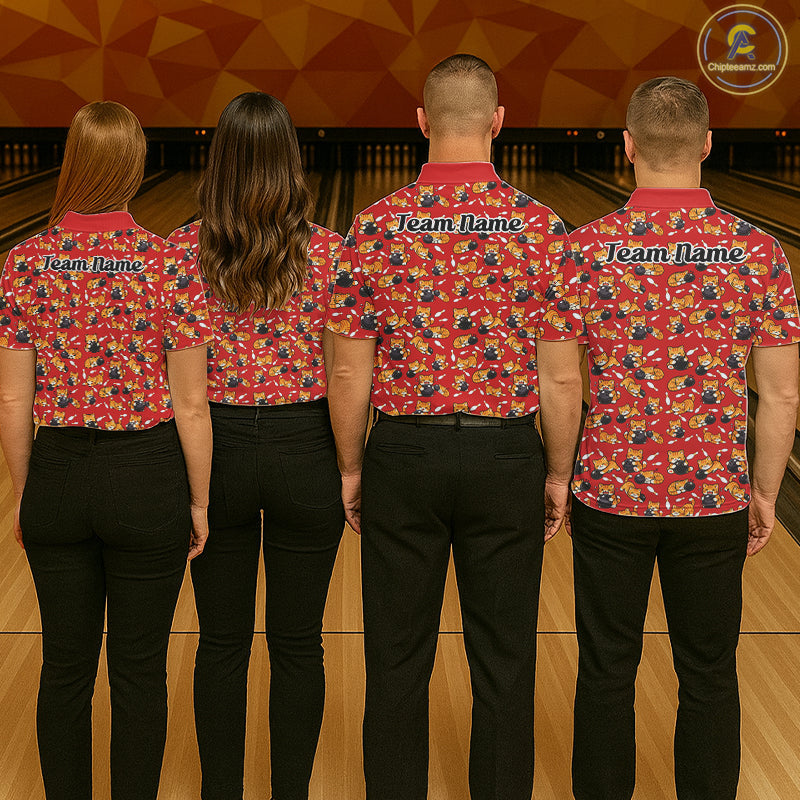Custom Cute Ginger Tabby Cat Bowling Men Polo Shirts, Cat Bowling Team Shirt IPHW10305