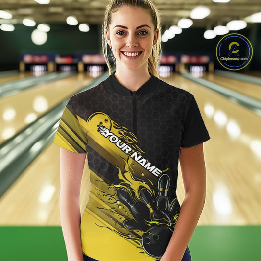 Custom Black And Yellow Flame Bowling Team Shirts, Bowling League Shirt Women Jersey IPHW10577
