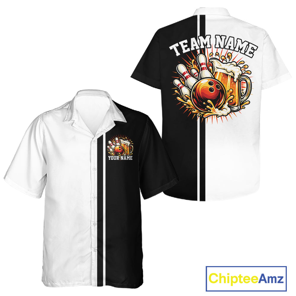 Black And White Custom Classic Retro Bowling Beer Men And Women Button Up, Bowling Tournament Shirt IPHW12789