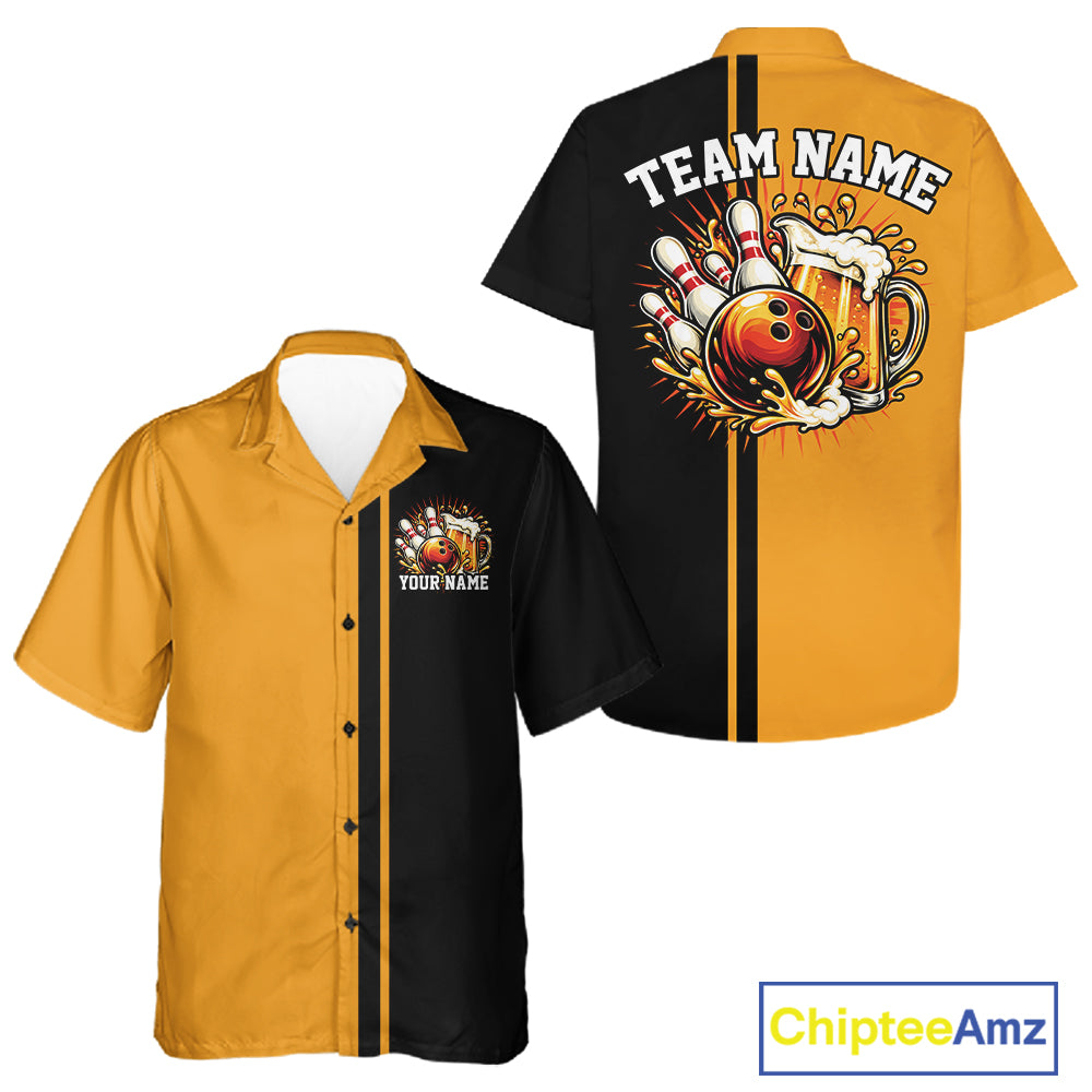 Black And Gold Custom Classic Retro Bowling Beer Men And Women Button Up, Bowling Tournament Shirt IPHW12791