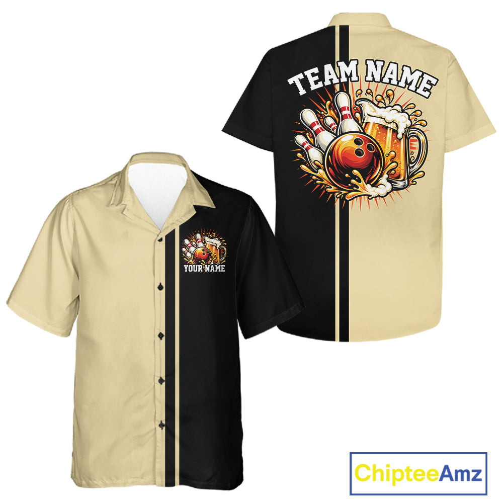 Black And Beige Custom Classic Retro Bowling Beer Men And Women Button Up, Bowling Tournament Shirt IPHW12792