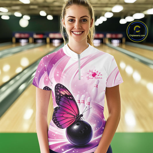 Custom Pink And Purple Butterfly Bowling Women Quarter-Zip Shirt, Ladies Bowling Shirt IPHW10311