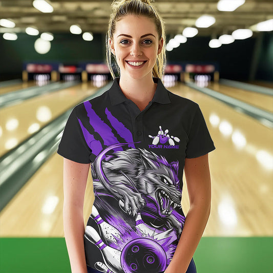 Custom Black And Purple Wolf Bowling Women Polo Shirts, Wolf Scratch Bowling League Shirt IPHW8721