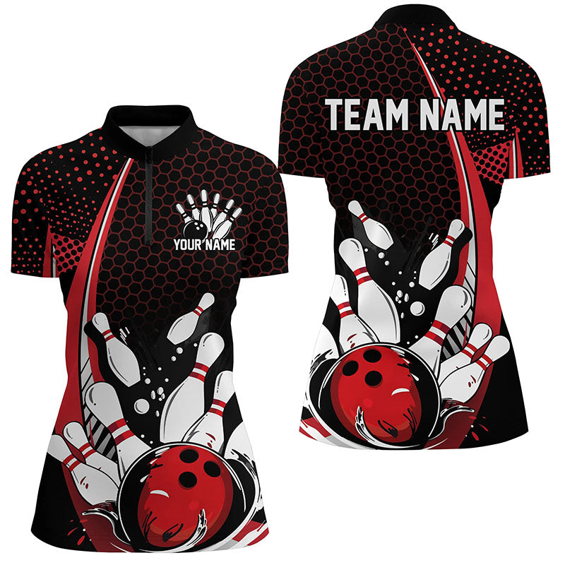 Custom Black And Red Bowling Shirts For Women, Classic Retro Bowling Jerseys Bowlers Outfit IPHW7279