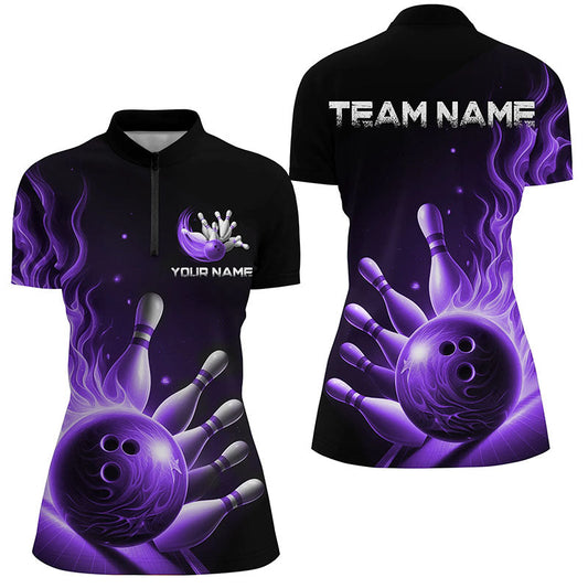 Personalized Purple Flame Bowling Polo Shirts For Men Bowling Team Jerseys Strike Bowling IPHW7292