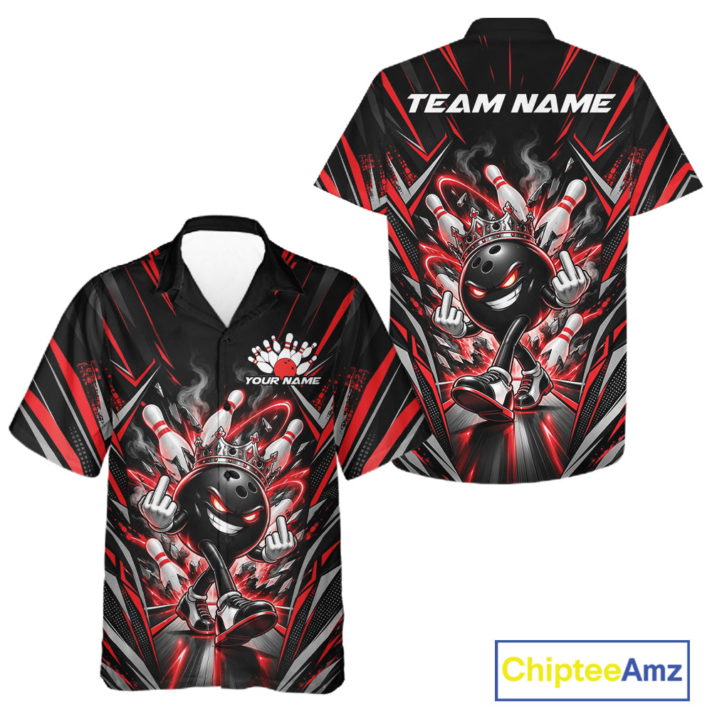 Custom Black And Red Funny Bowling Ball With Crown Bowling Team Men And Women Button Up Shirt IPHW12326