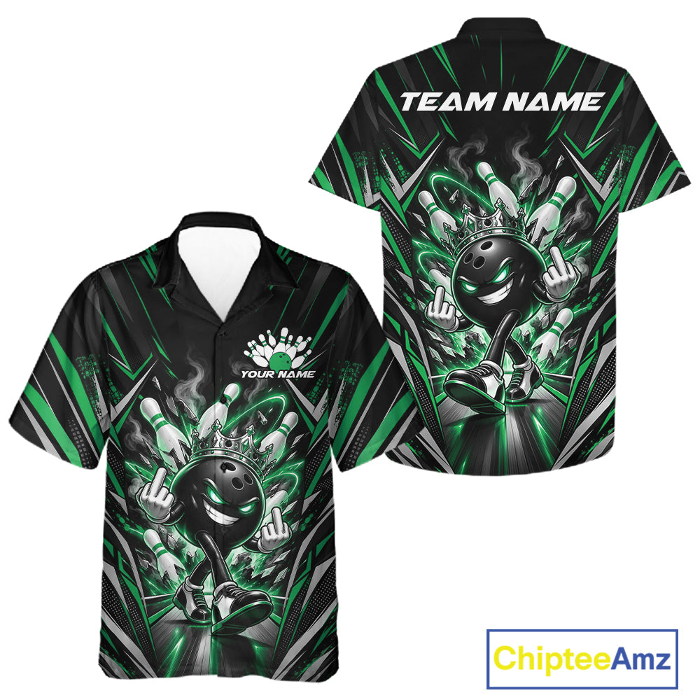 Custom Black And Green Funny Bowling Ball With Crown Bowling Team Men And Women Button Up Shirt IPHW12330