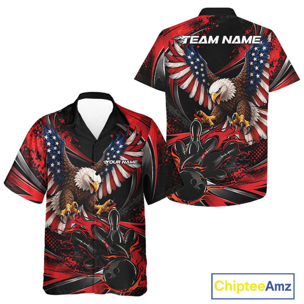 Custom Red Flame American Flag Eagle Patriotic Bowling Men And Women Button Up Shirt, Team Uniform IPHW12347