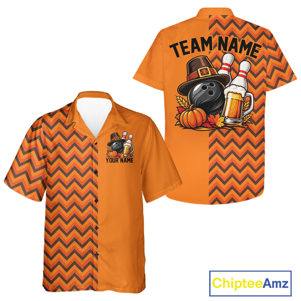 Custom Orange Thanksgiving Bowling Men And Women Button Up Shirt, Autumn Season Bowling Jersey IPHW12799