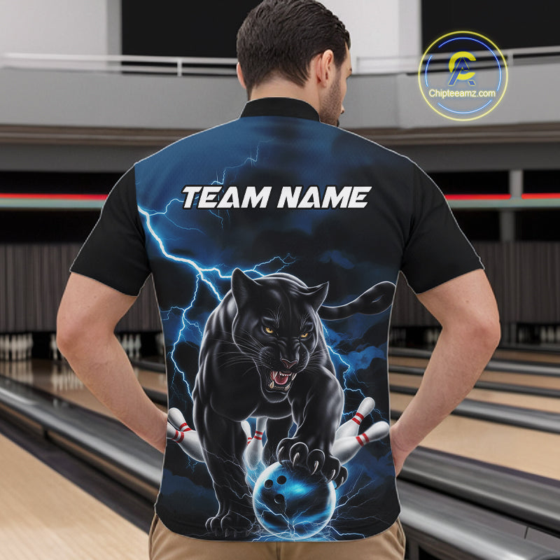Blue Thunder Lightning Custom Panther Bowling Quarter-Zip Shirts For Men, Panther Bowling Jerseys IPHW8272
