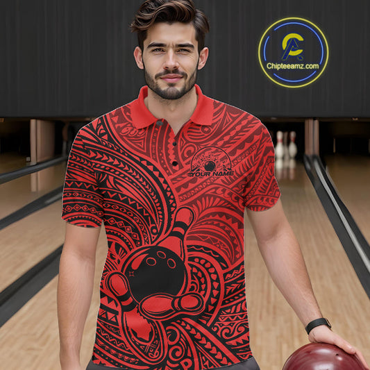 Custom Black And Red Traditional Samoan Tribal Polynesian Pattern Bowling Men Shirt IPHW10325