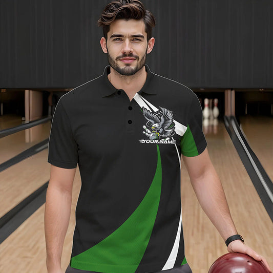 Custom Black And Green Eagle Bowling Men Polo Shirts, Eagle Bowling Team Jerseys IPHW8735