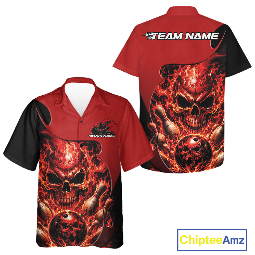 Custom Black And Red Fire Flame Halloween Skull Bowling Men And Women Button Up Shirt, Team Jersey IPHW11998