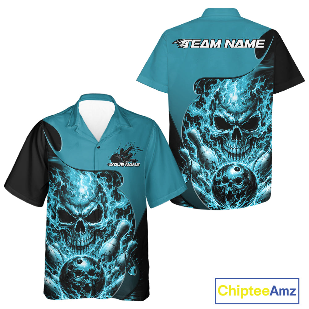 Custom Turquoise Blue Fire Flame Halloween Skull Bowling Men And Women Button Up Shirt, Team Jersey IPHW11999