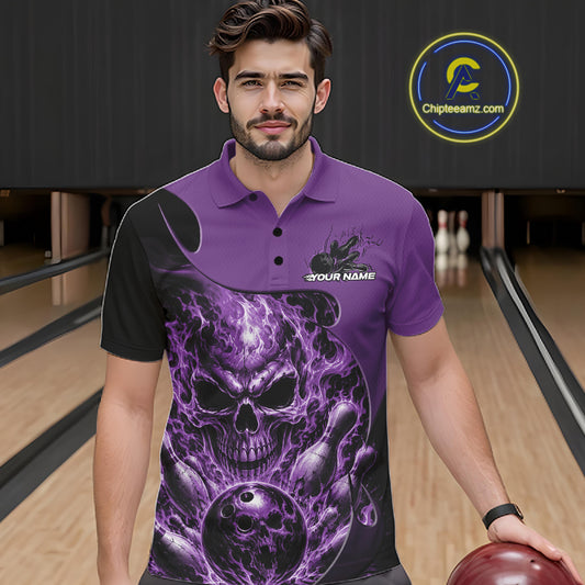 Custom Black And Purple Fire Flame Halloween Skull Bowling Men Polo Shirt, Team Jersey IPHW12000