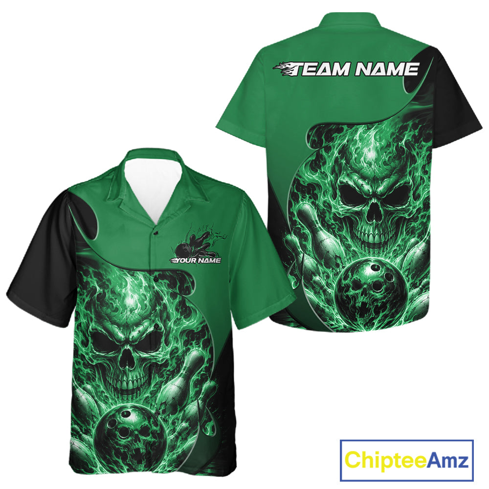 Custom Black And Green Fire Flame Halloween Skull Bowling Men And Women Button Up Shirt, Team Jersey IPHW12001