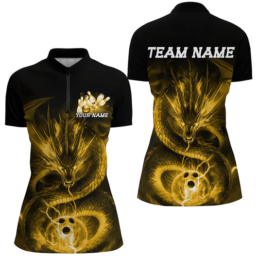 Black And Gold Custom Dragon Ladies Bowling Shirts, Bowling Team Uniform Bowler Outfits IPHW7617
