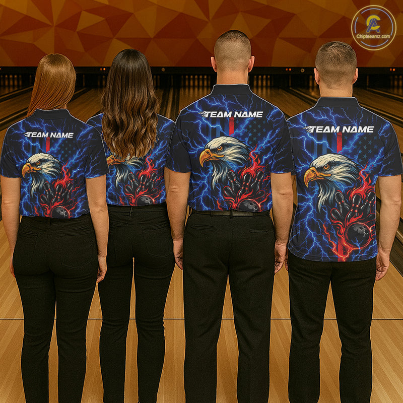 Custom Red And Blue Lightning Flame Eagle Men Bowling Shirt, Patriotic US Team Shirt IPHW10171