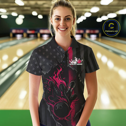 Custom Pink Thin Line American Flag Patriotic Flame Bowling Team Women Polo Shirts IPHW10182
