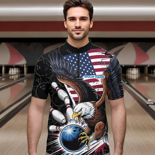 Custom American Flag Eagle Bowling Team Men Quarter-Zip Shirts, Patriotic US Bowling League Shirt IPHW8752