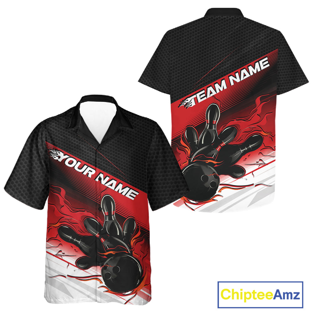Custom Black And Red Flame Bowling Team Men And Women Button Up Shirt, Flame Bowling Jersey IPHW12020