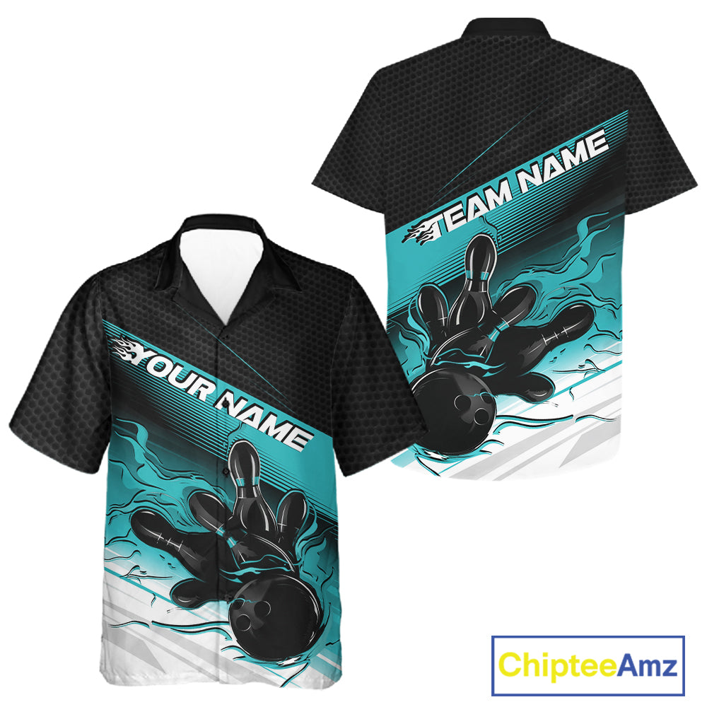 Custom Black And Turquoise Blue Flame Bowling Team Men And Women Button Up Shirt, Flame Bowling Jersey IPHW12021