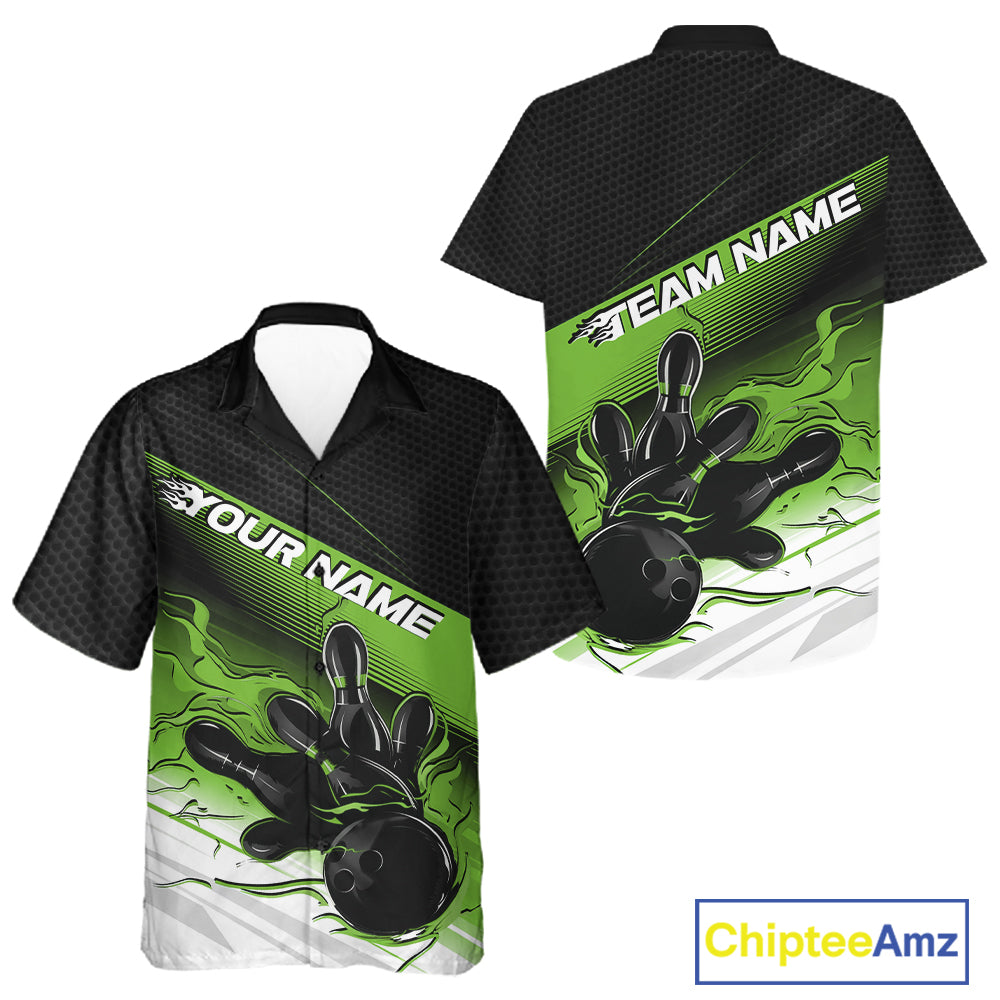 Custom Black And Green Flame Bowling Team Men And Women Button Up Shirt, Flame Bowling Jersey IPHW12023