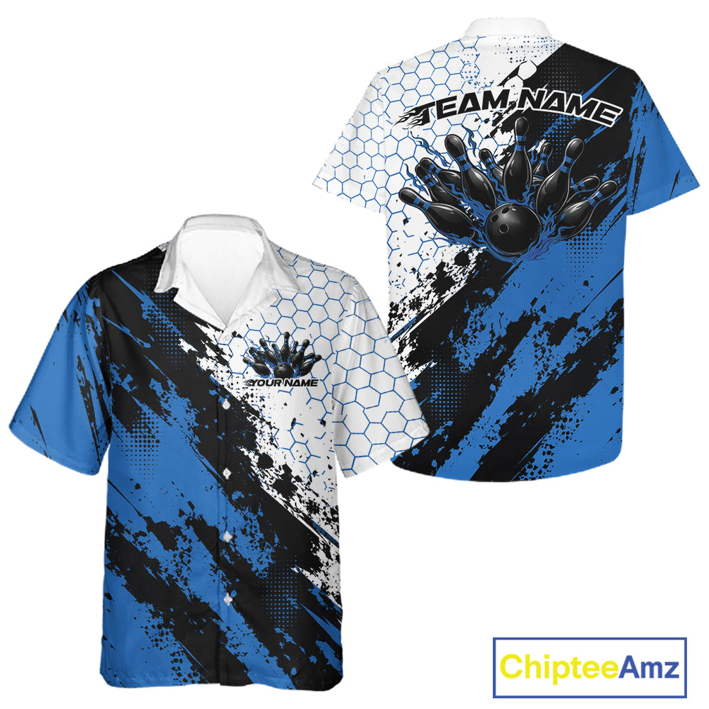 Custom Black And Blue Splatter Flame Bowling Men And Women Button Up Shirt, Bowling Tournament Shirt IPHW12031