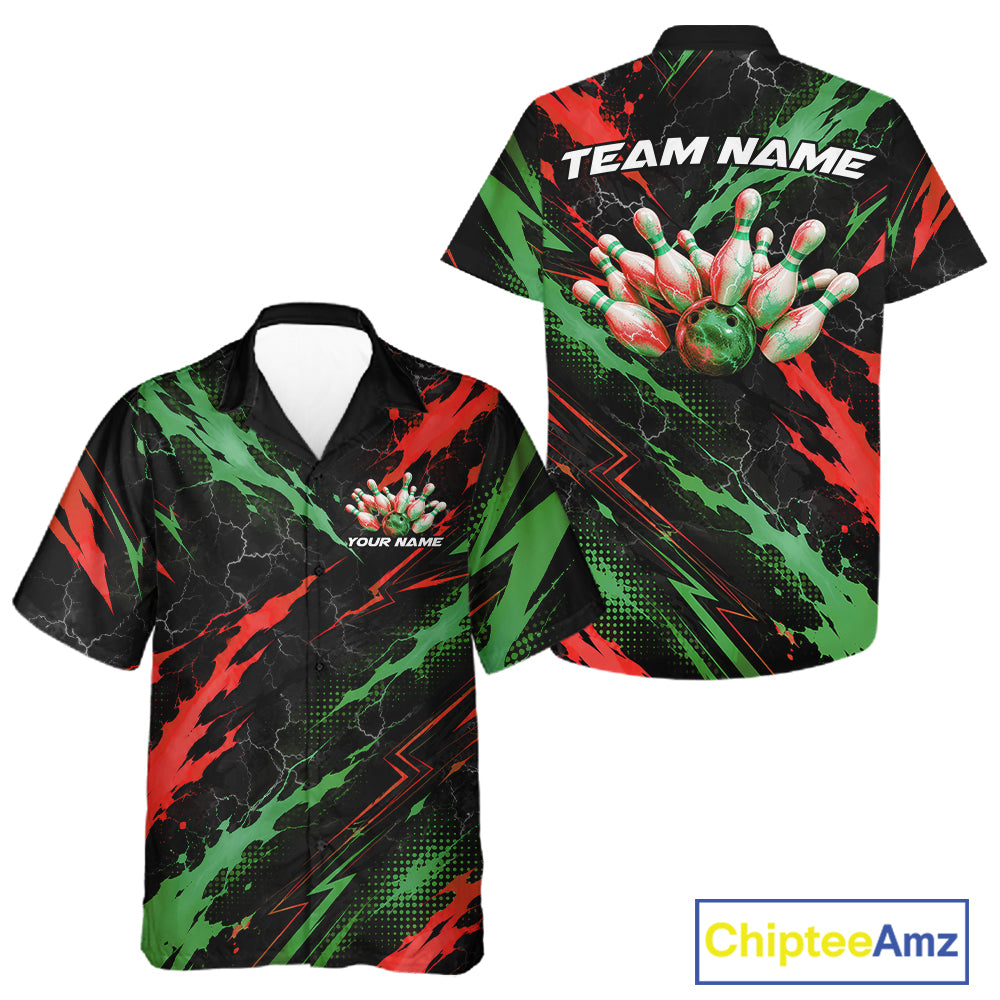 Custom Green And Red Lightning Bowling Men And Women Button Up Shirt, Bowling Team League Shirt IPHW12040