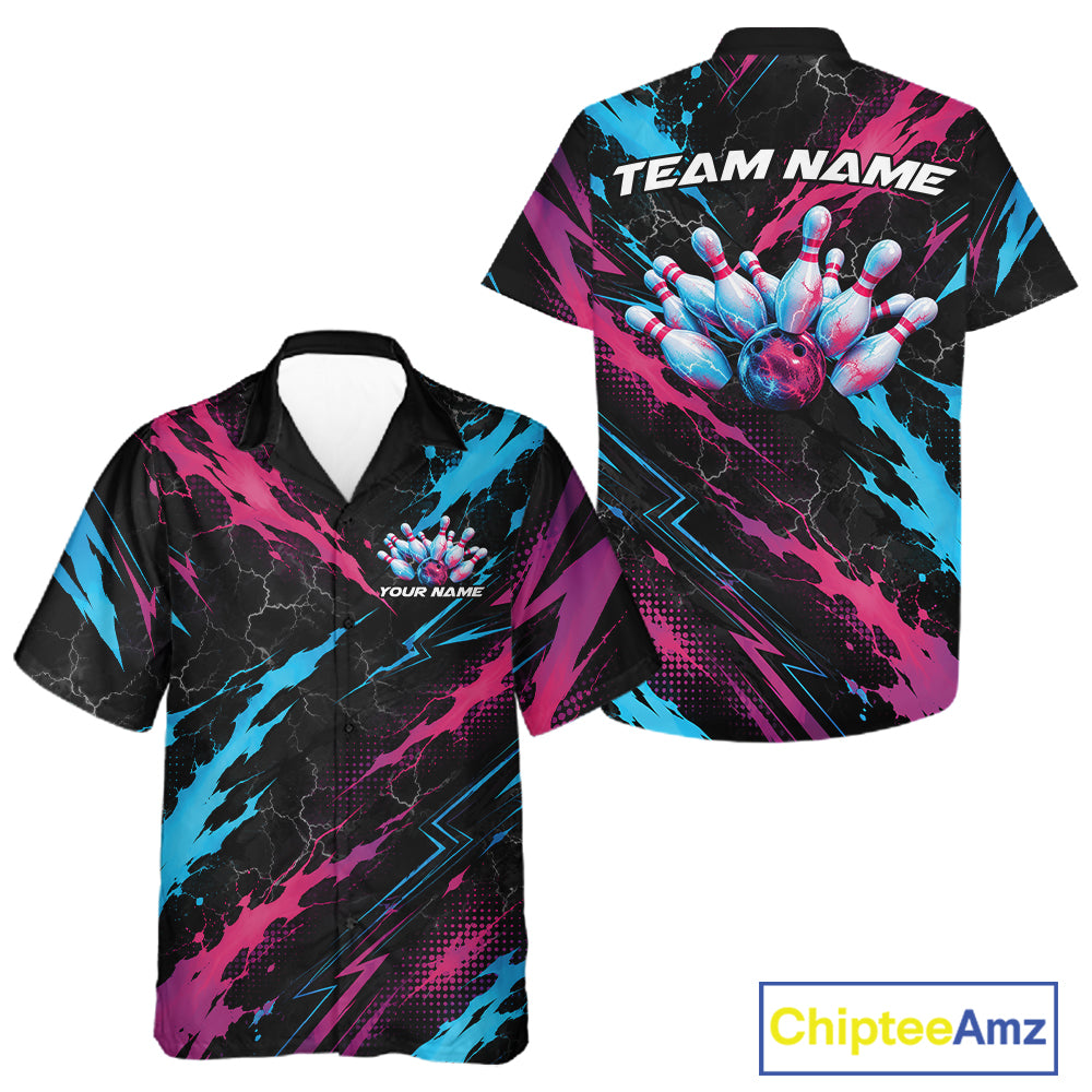 Custom Blue And Pink Lightning Bowling Men And Women Button Up Shirt, Bowling Team League Shirt IPHW12041
