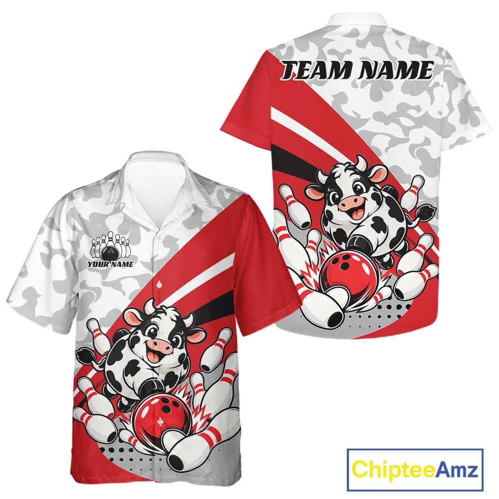 Custom White And Red Cute Funny Chubby Cow Bowling Men And Women Button Up Team Shirt IPHW12813