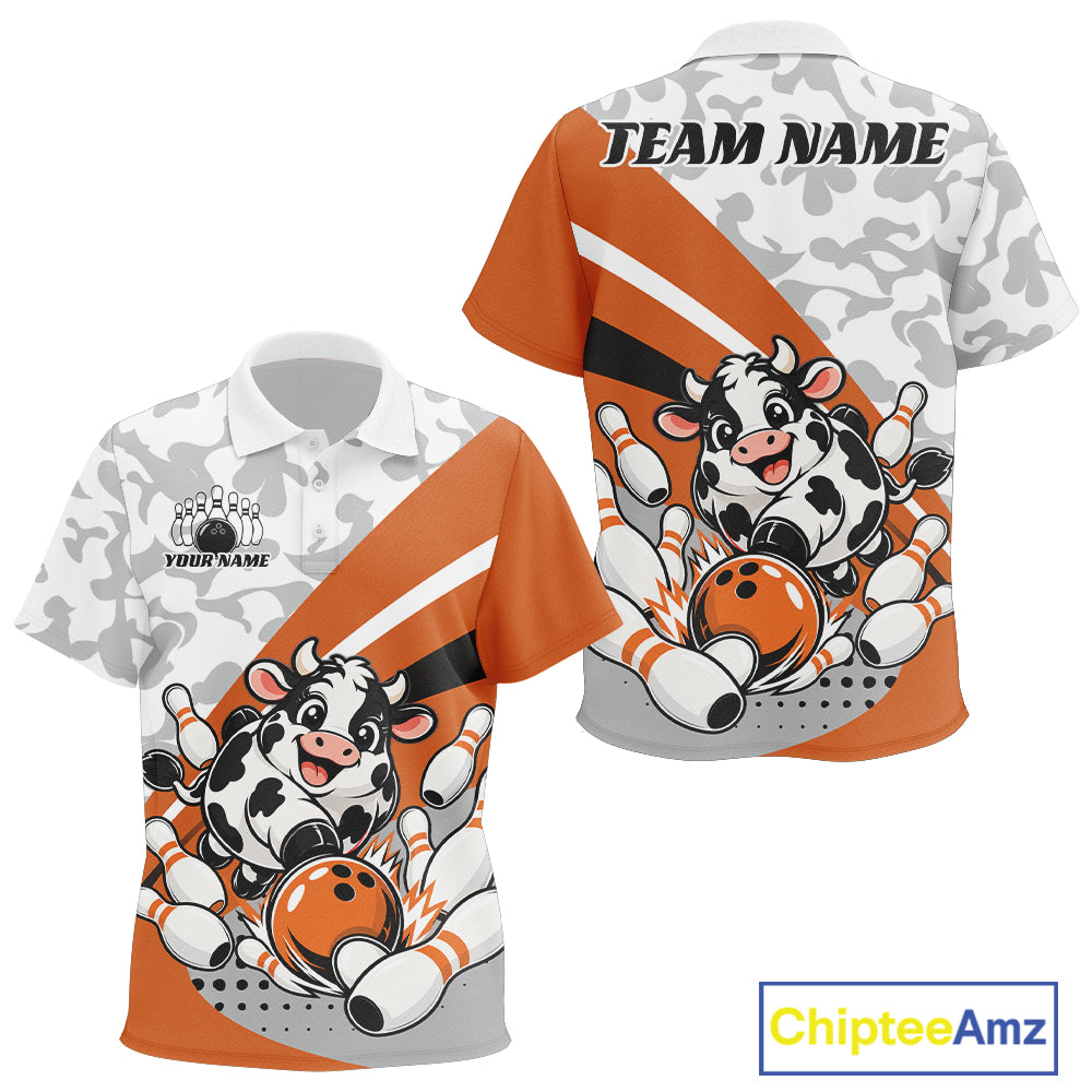 Custom White And Orange Cute Funny Chubby Cow Bowling Kid Polo Team Shirt IPHW12815