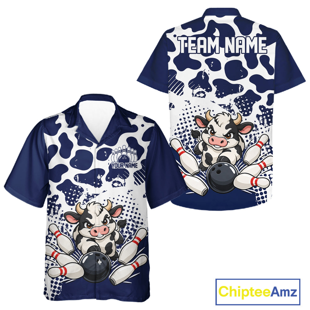 Custom White And Navy Cute Funny Cow Men And Women Button Up Bowling Team Shirt Bowler Outfit IPHW12819