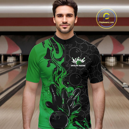 Custom Black And Green Flame Bowling Team Men Quarter-Zip Shirts, Bowling League Shirt IPHW10189