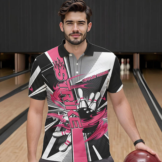 Custom Black And Pink Strike Bowling Men Polo Shirts, Bowling Team League Shirt With Name IPHW8758