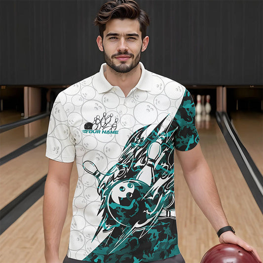 Custom Turquoise Blue Camouflage Bowling Polo Shirts For Men, Bowling Team Uniform Bowler Outfit IPHW8772
