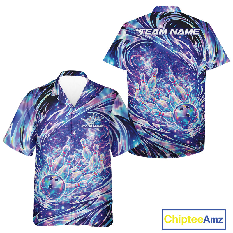 Front and back views of a button-up bowling shirt with galaxy-inspired bowling ball artwork striking pins.