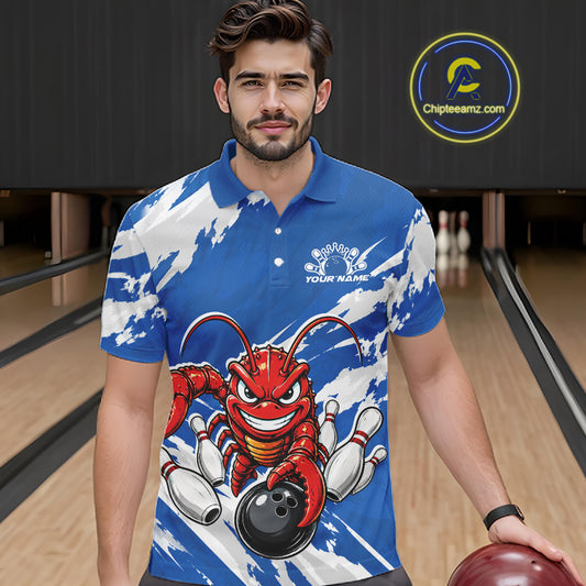 Front view of a male model in a bowling alley wearing a blue custom bowling polo shirt with a fierce yet funny crawfish bowling character and a distressed background design.