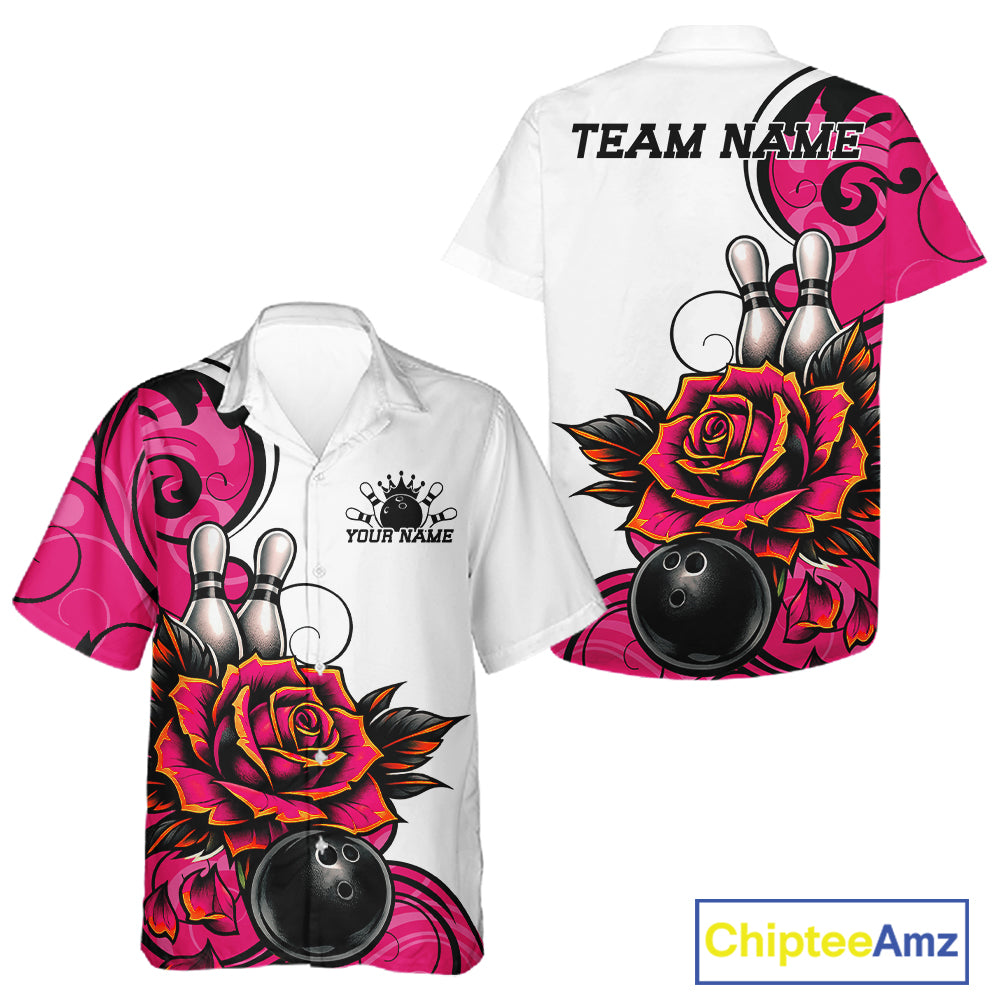 White short-sleeve bowling-themed button up shirt shown from front and back on a light gray background. The front features a large pink and black rose, bowling pins, bowling balls, and customizable chest text.