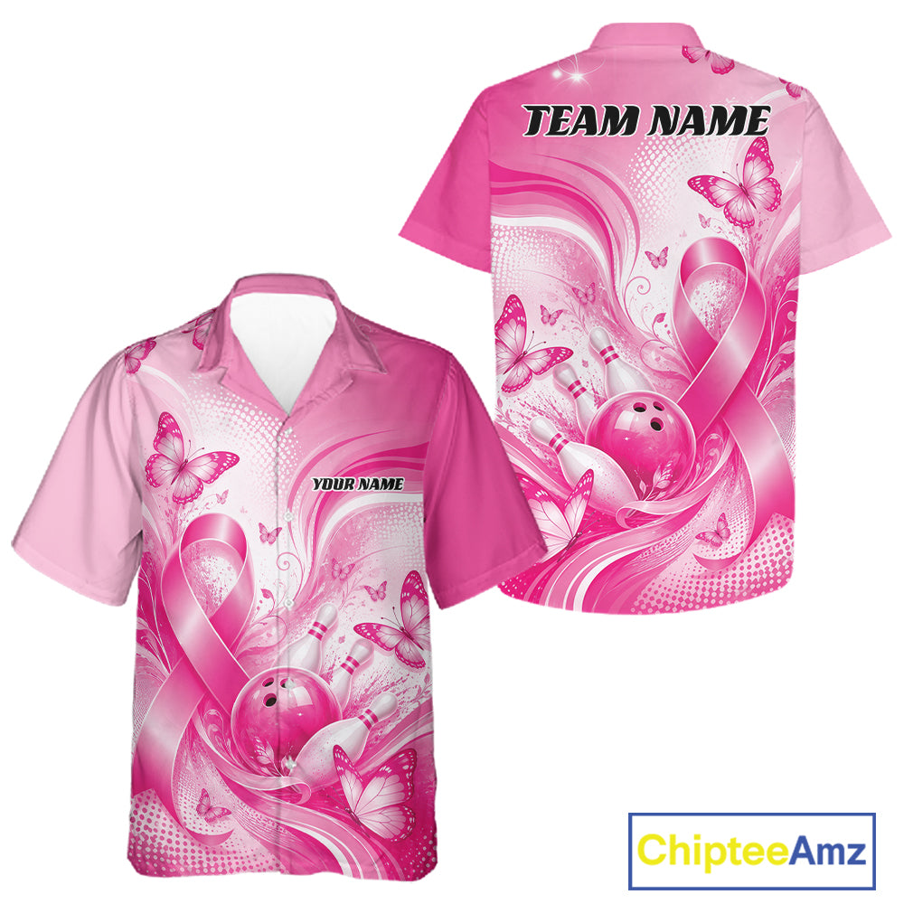 Custom Breast Cancer Pink Ribbon And Butterflies Bowling Team Men And Women Button Up Shirt IPHW12050