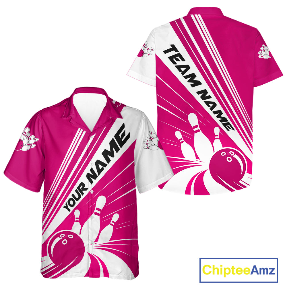 Custom White And Pink Classic Retro Bowling Team Men And Women Button Up Shirt, Bowling League Shirt IPHW12069