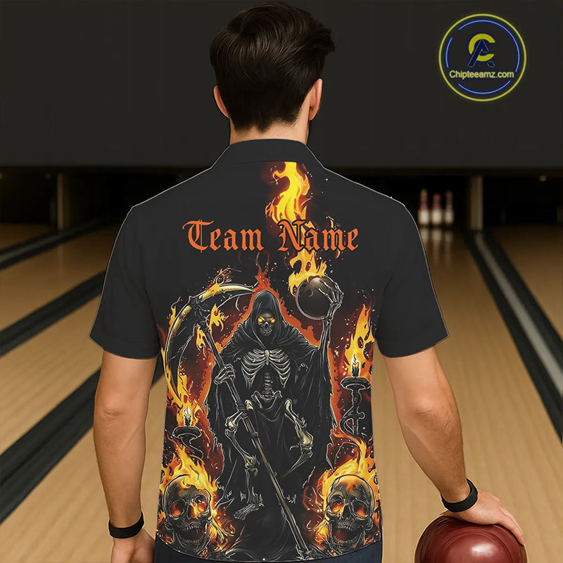 Grim Reaper Custom Flame Bowling Men And Women Hawaiian Shirt, Black And Fiery Halloween Bowling Outfit IPHW7631