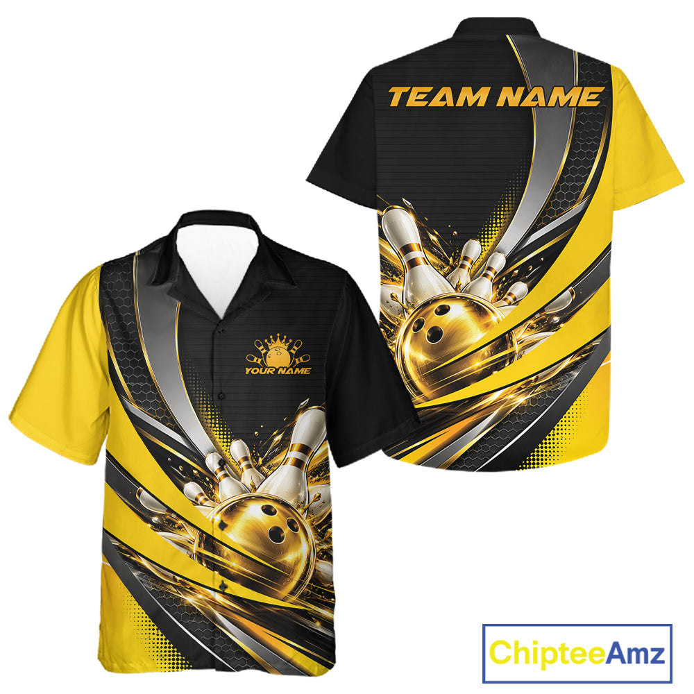 Custom Black And Gold Bowling Jersey For Men And Women, Bowling League Team Button Up Shirt IPHW12828