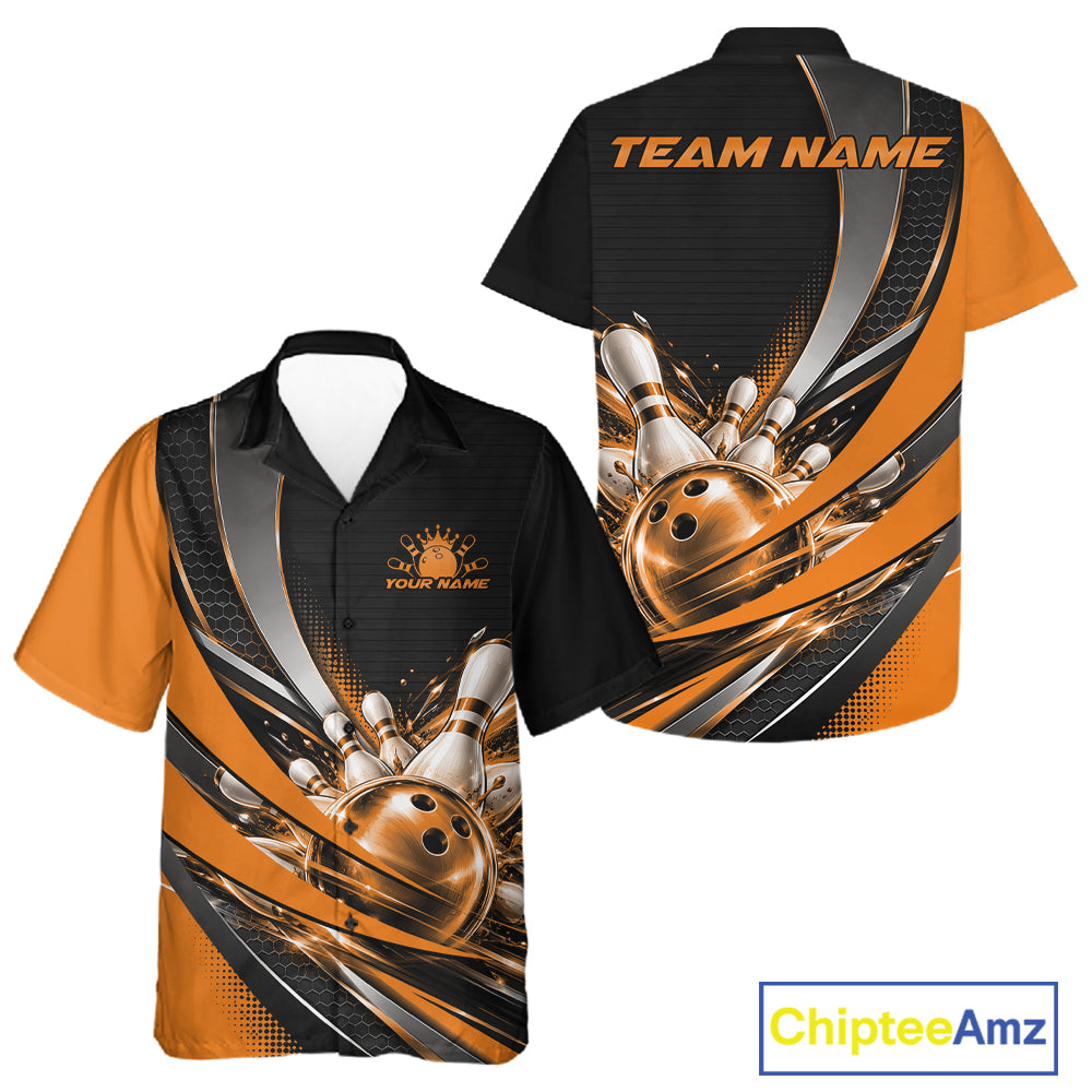 Custom Black And Orange Bowling Jersey For Men And Women, Bowling League Team Button Up Shirt IPHW12831
