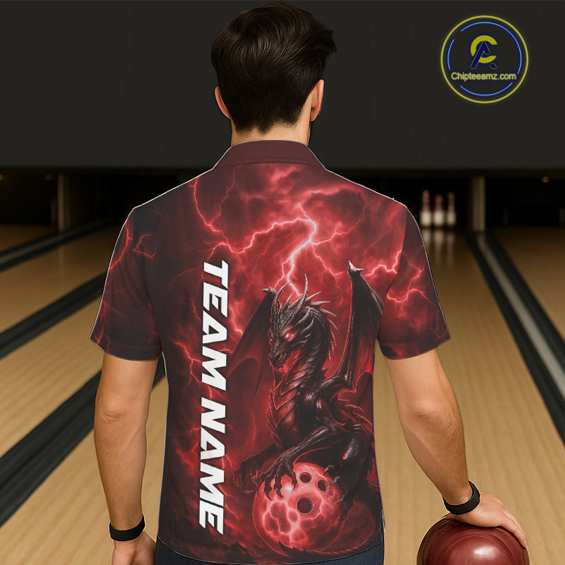 Custom Red Thunder Lightning Bowling Team Men And Women Hawaiian Shirt, Dragon Bowling Jerseys IPHW10195