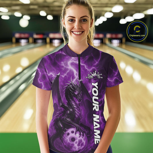 Custom Purple Thunder Lightning Bowling Team Women Shirt, Dragon Bowling Jerseys IPHW10197