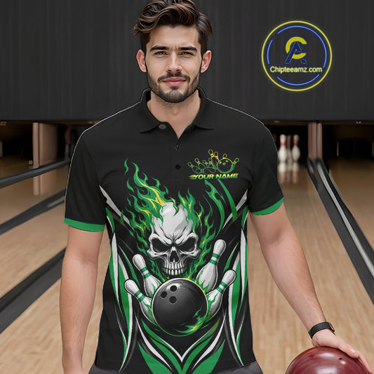Custom Green Flame Skull Bowling Men Polo Shirt, Halloween Bowling Jersey IPHW11702