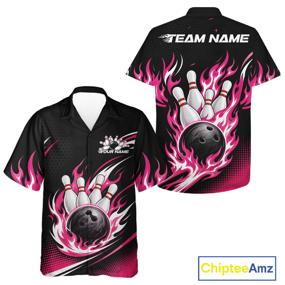Black short-sleeve bowling-themed button-up shirt shown from front and back on a white background, with pink flame graphics, bowling pins, and bowling balls, plus customizable text placeholders.